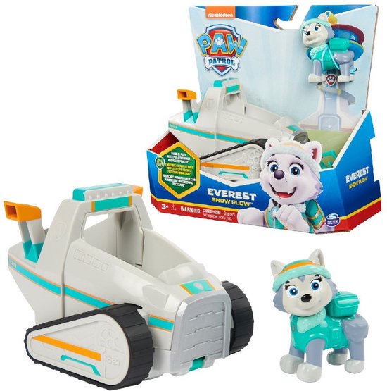 PAW Patrol Everest's Sneeuwschuiver speelgoedset met voertuig en figuur. Wit voertuig met oranje/turkooizen accenten en hond Everest.