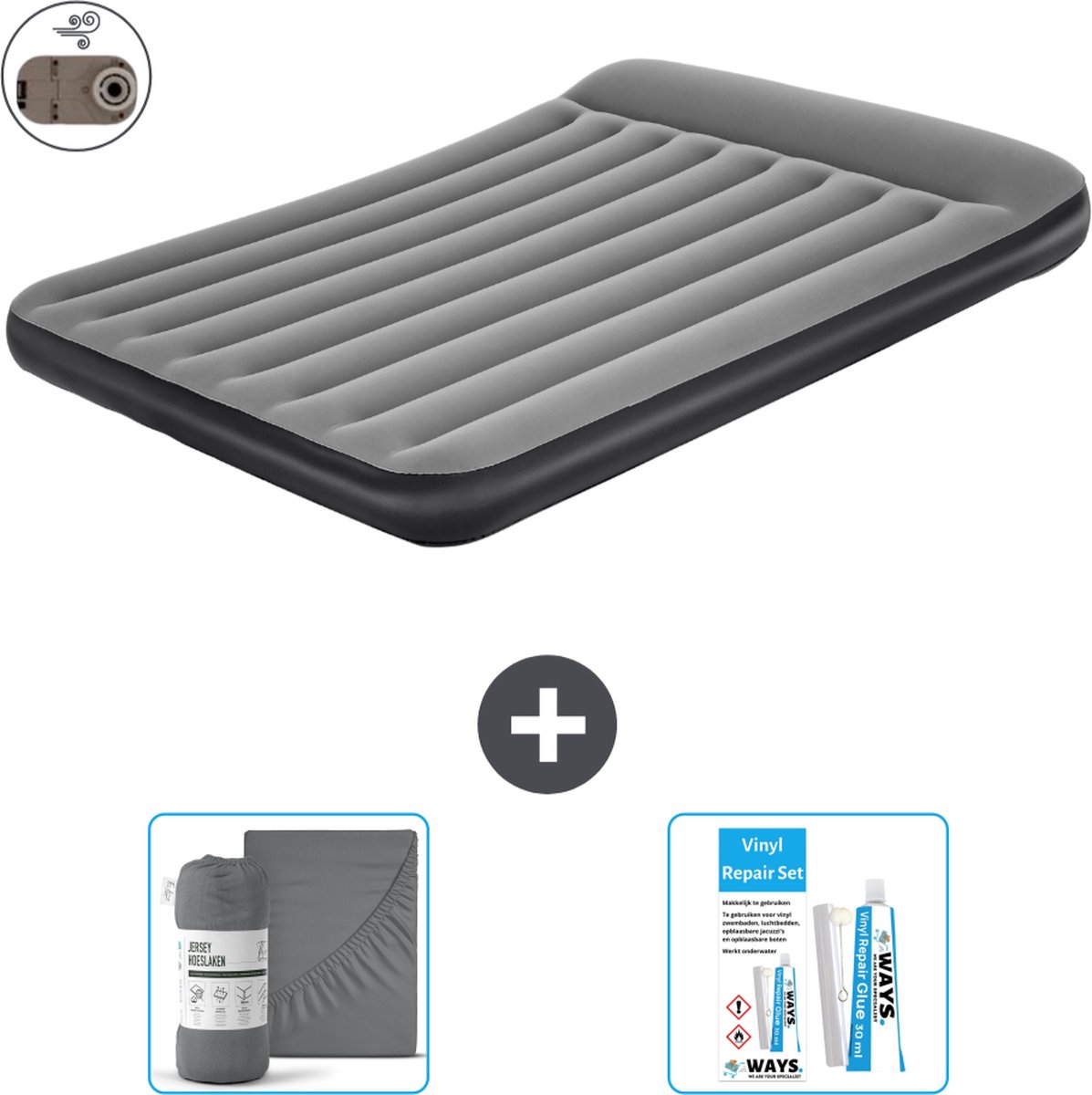 Bestway luchtbed - 2-Persoons - 152 x 203 x 30 cm - Grijs - Inclusief pomp - Hoeslaken en Reparatieset