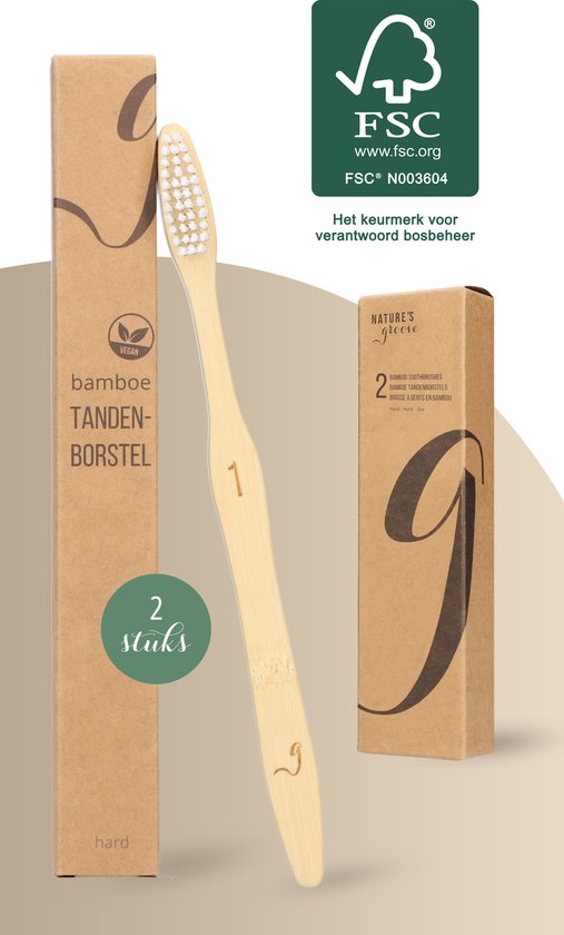 NATURE’S groove® Bamboe Handtandenborstels Hard - 2 Stuks - Houten Tandenborstel - Handmatig