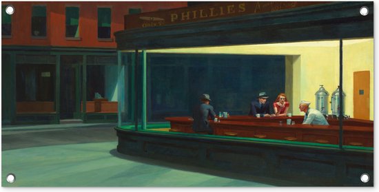 Tuinposter Nighthawks - Edward Hopper - 80x40 cm - Wanddecoratie Buiten - Tuinposter - Tuindoek - Schuttingposter - Tuinschilderij