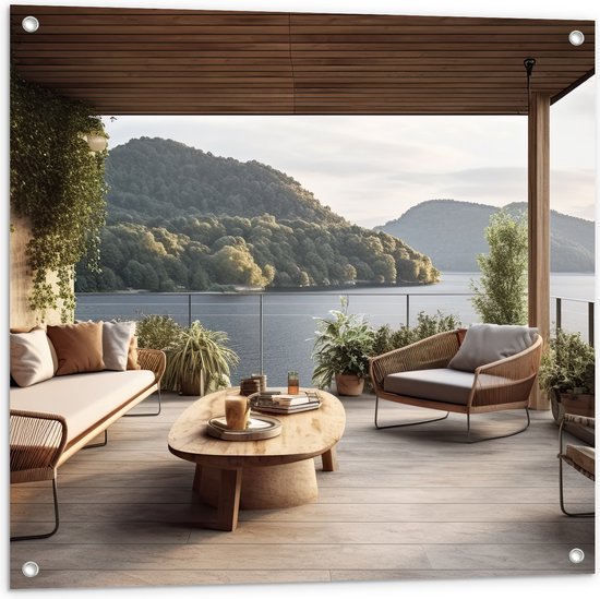 Tuinposter – Huis - Tuin - Terras - Lounge - Planten - Hout - 80x80 cm Foto op Tuinposter (wanddecoratie voor buiten en binnen)