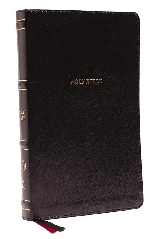 Zwarte Bijbel met gouden "HOLY BIBLE" opdruk en rode en gouden versieringen op de rug. Een rood leeslint steekt uit de onderkant.