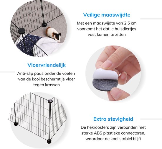 Details van een zwarte metalen dierenren: maaswijdte, anti-slip pads en stevige connectoren.