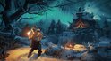 Viking krijger met fakkel en schild onder de aurora borealis, bij een besneeuwde Noorse tempel.