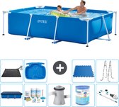 Intex Rechthoekig Frame Zwembad - 260 x 160 x 65 cm - Blauw - Inclusief Afdekzeil - Onderhoudspakket - Zwembadfilterpomp - Filter - Stofzuiger - Solar Mat - Ladder - Voetenbad - Vloertegels