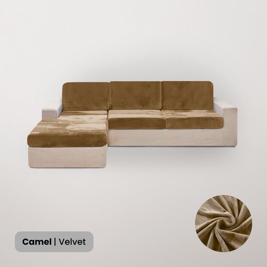 Foto: Bankhoesdiscounter velvet l vorm zitkussen hoes bankhoes stretch kussenhoezen bankbeschermer voor hoekbank zetelhoes zetelbeschermer sofa cover camel