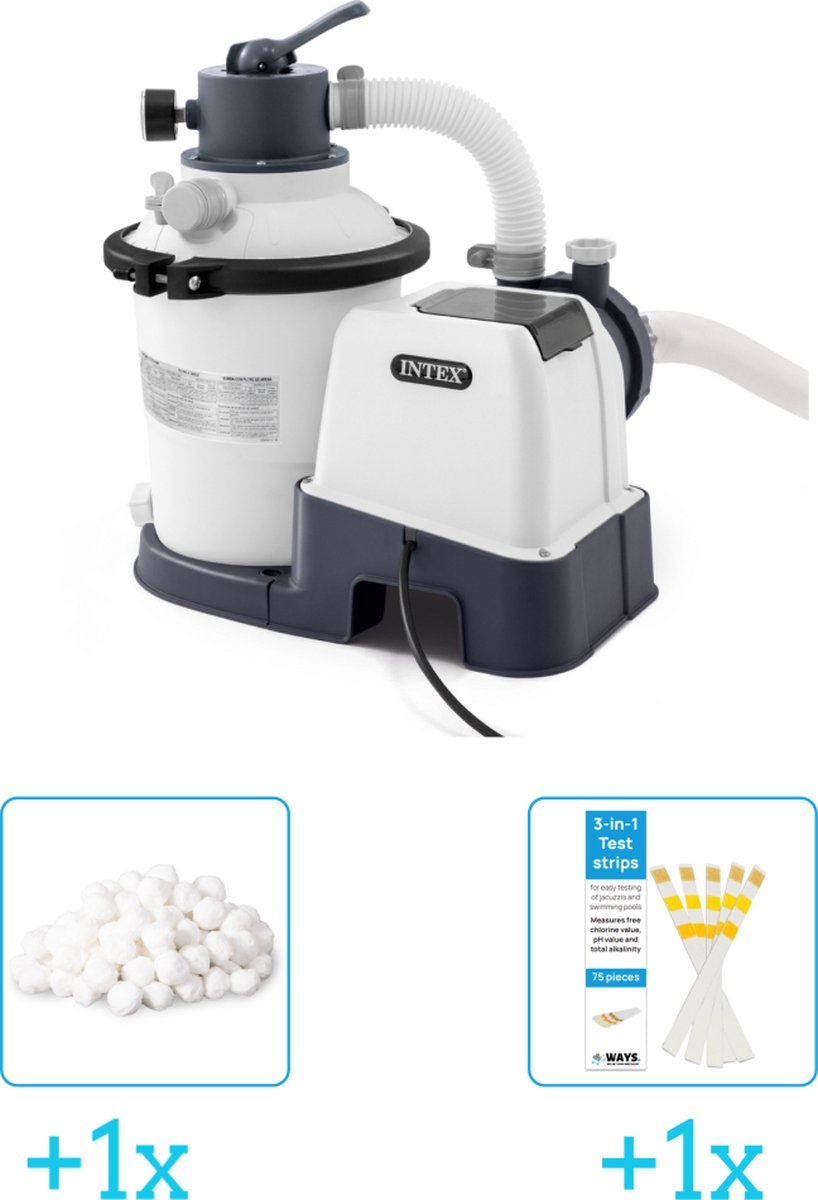 Intex 26642GS Zandfilterpomp - SX925 - 2000 liter per uur inclusief Intex Filterbollen - Geschikt voor zandfilterpomp - 29045 (1 stuks) & WAYS Testrips (1 stuks)