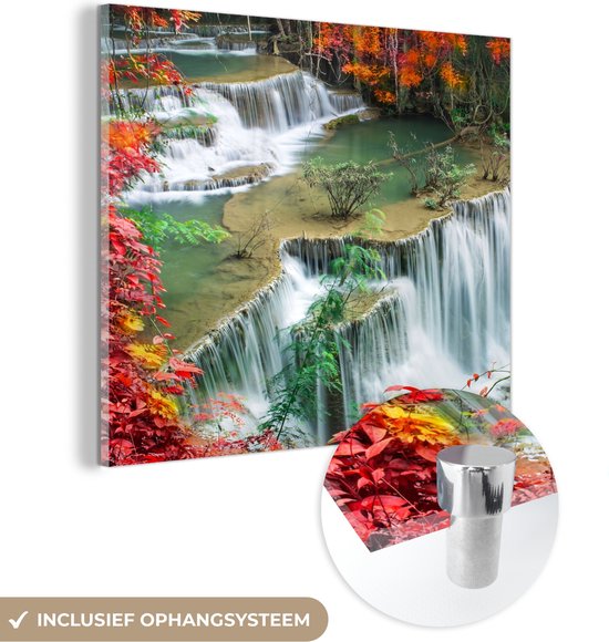 MuchoWow® Glasschilderij 20x20 cm - Schilderij acrylglas - Bomen - Waterval - Herfst - Natuur - Foto op glas - Schilderijen