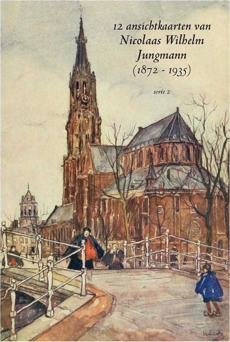 Wenskaarten set - 12 ansichtkaarten met afbeeldingen van Nicolaas Wilhelm Jungmann (1872 - 1935) - serie 2 - Met afbeeldingen van mensen in klederdracht, markten, kerken, een molen enz..