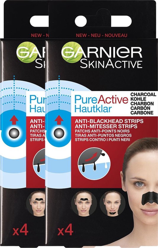 Garnier Skinactive Face SkinActive PureActive Nose strips Charcoal - 2 x 4 Stuks - Voordeelverpakking - Garnier