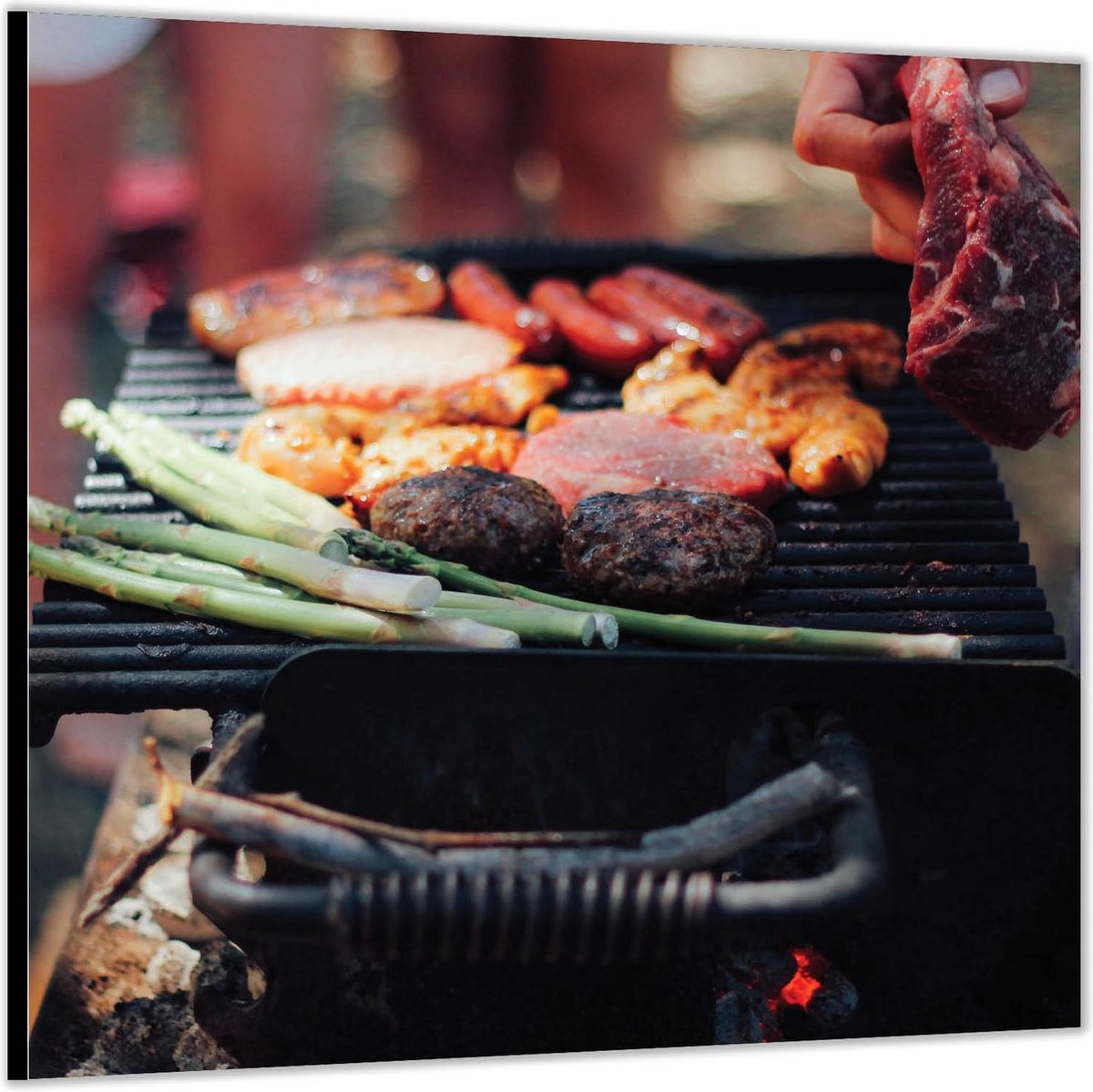 Dibond –Vlees op de Barbecue– 50x50 Foto op Aluminium (Wanddecoratie van metaal)