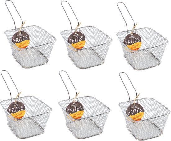 6x stuks zilver patat/snack serveermandjes/frietmandjes 14 cm - Tafeldecoratie - Patat/snack serveren in een mandje