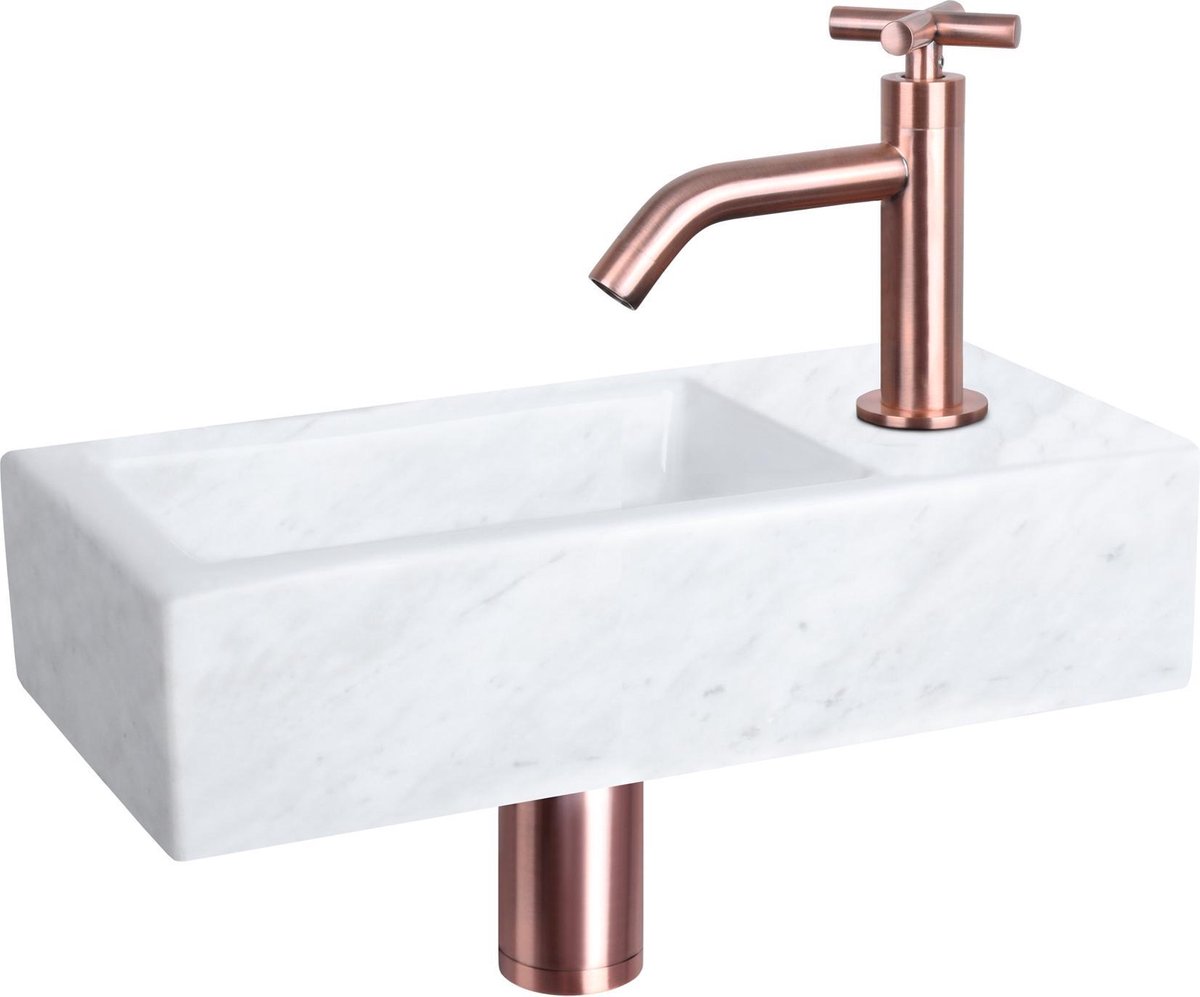 Differnz Helios fonteinset - 37.5x18.5x9.5cm - Rechthoek - 1 kraangat - Gebogen koperen kraan - kruisgreep - Mineraalsteen Marmer