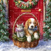 Diamond Painting Poesje en puppy in kerstmandje 30x30cm. (Volledige bedekking - Ronde steentjes) diamondpainting inclusief tools