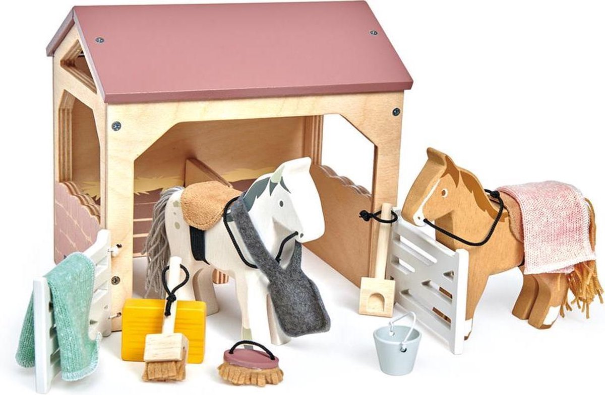 Tender Leaf Poppenmeubels: HUISDIERENSET STAL met 2 PONY'S 18,7x14,3x18cm, in hout, in doos 18,3x15,5x20,7cm, 3+