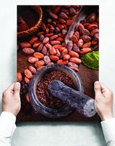 Wandbord: Cacaobonen gemalen in een potje - 30 x 42 cm