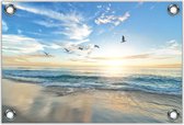 Tuinposter –Blauwe Zee met Zon en Vogels– 120x80 Foto op Tuinposter (wanddecoratie voor buiten en binnen)