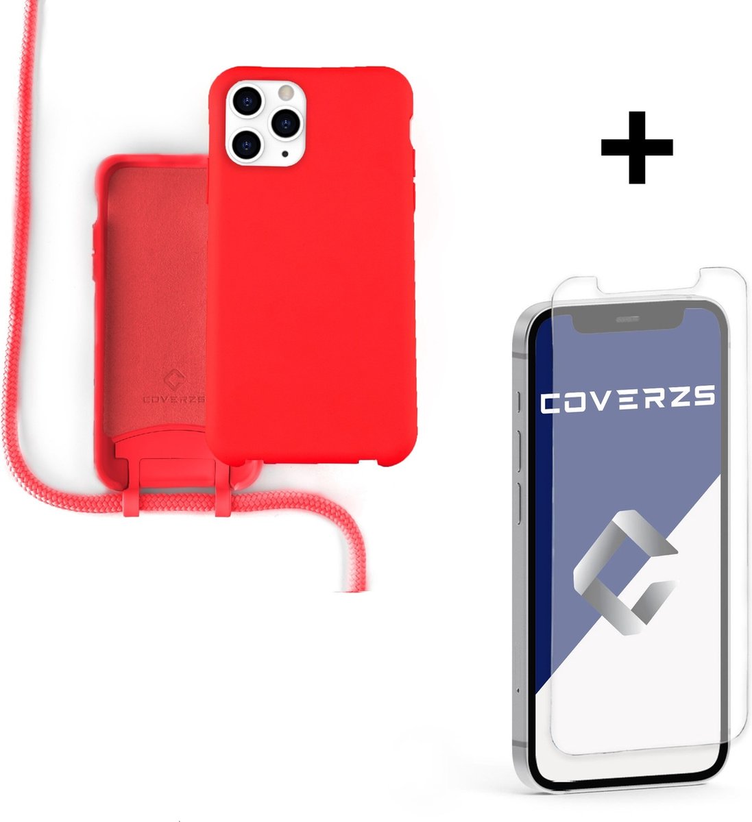Coverzs Silicone case met koord - Telefoonhoesje met koord - Backcover hoesje met koord - touwtje - geschikt voor Apple iPhone 12 Pro Max - Rood + glazen Screen Protector
