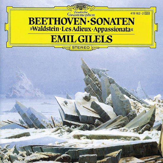 CD-hoes Beethoven Sonaten door Emil Gilels met een schilderij van ijsschotsen op de voorgrond.