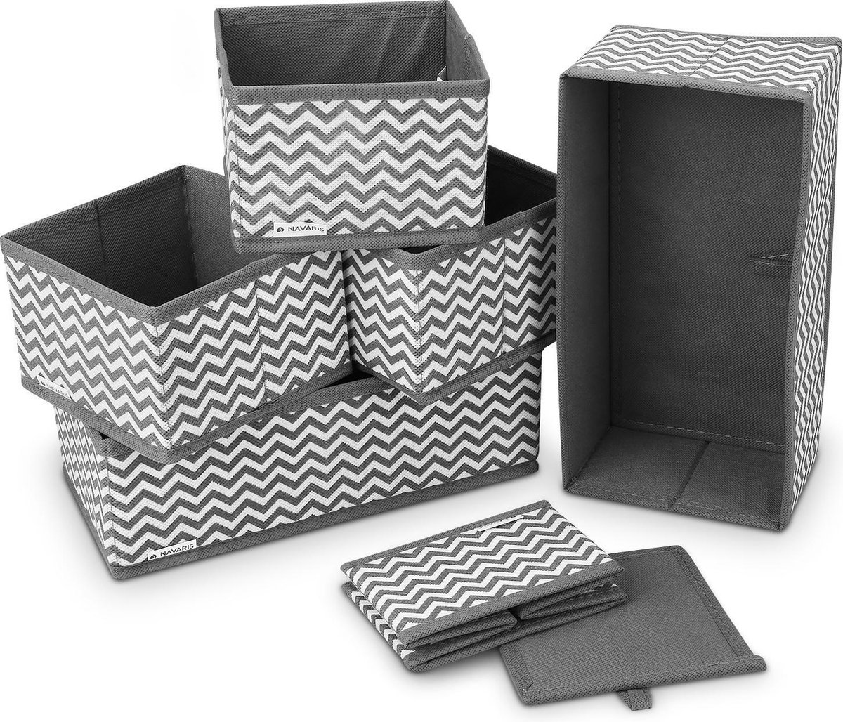 Navaris stoffen opbergboxen voor kleding - Set van 6 opvouwbare opbergmanden - Voor speelgoed, ondergoed of sokken - Opbergset van 6 stuks - Grijs/wit