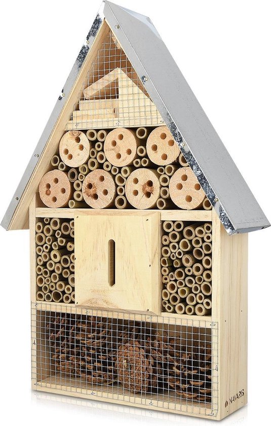 Navaris houten insectenhotel XL - Design insectenhotel met natuurlijke materialen - Voor bijen, lieveheersbeestjes en vlinders - Om op te hangen