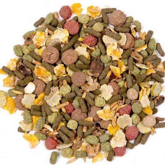 A pile of Beaphar XtraVital rabbit food pellets, with various shapes, sizes, and colors.