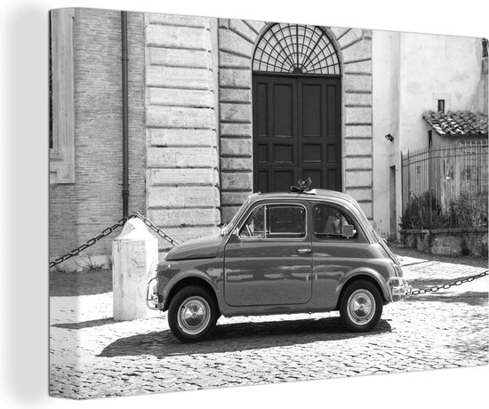 Canvas Schilderij Vintage auto in de straten van Rome - zwart wit - 30x20 cm - Wanddecoratie