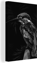 Canvas Schilderij Vogel op een tak tegen een zwarte achtergrond - zwart wit - 20x30 cm - Wanddecoratie