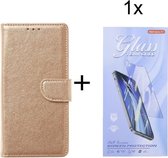 Bookcase Geschikt voor: Realme 8 Pro - Goud - portemonee hoesje met 1 stuk Glas Screen protector