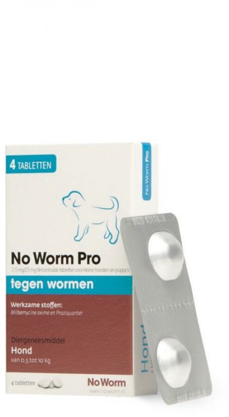 Verpakking No Worm Pro tabletten (4 stuks) en blisterverpakking met 2 tabletten voor honden.