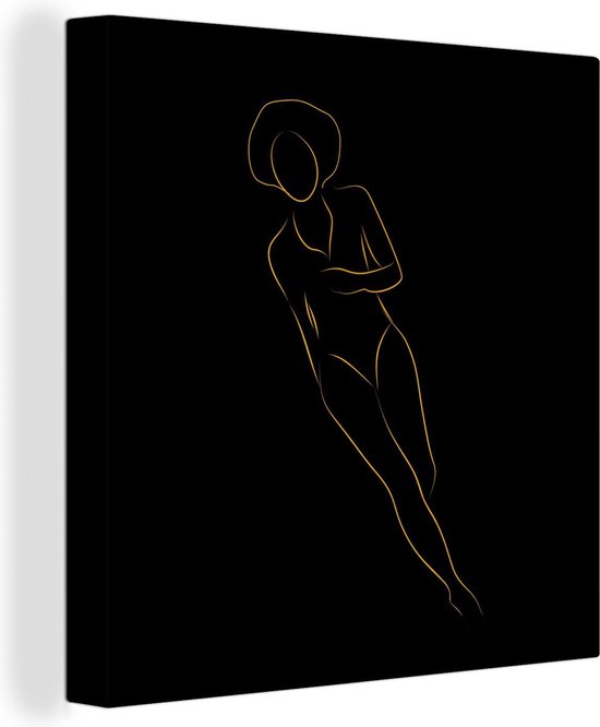 Canvas schilderij 20x20 cm - Wanddecoratie Vrouw - Gold - Black - Line art - Muurdecoratie woonkamer - Slaapkamer decoratie - Kamer accessoires - Schilderijen op canvas