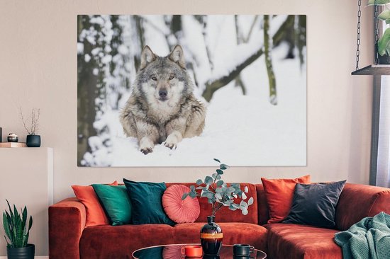 Toile Peinture Loup - Neige - Arbre - 180x120 cm - Décoration murale XXL