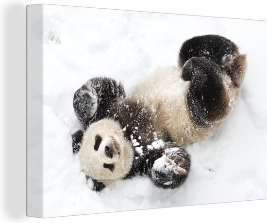 Canvas Schilderij Panda - Sneeuw - Baby - 90x60 cm - Wanddecoratie