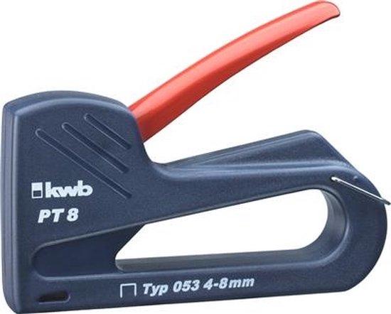 KWB PT 8 nietmachine in donkerblauw met rode hendel, met tekst 'Typ 053 4-8 mm'.