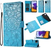 Voor Samsung Galaxy A22 5G Huid Voelen Reliëf Zonnebloem Horizontale Flip Lederen Case met Houder & Kaartsleuven & Portemonnee & Lanyard (Blauw)