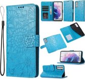 Voor Samsung Galaxy S21 5G Huid Voelen Reliëf Zonnebloem Horizontale Flip Lederen Case met Houder & Kaartsleuven & Portemonnee & Lanyard (Blauw)