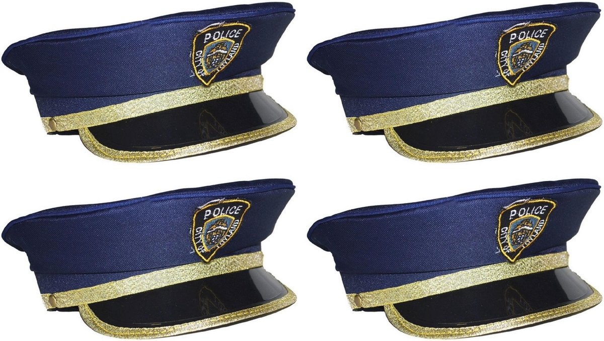 Kinder politiepet - 4x stuks - blauw met goud - Agenten - Carnaval verkleed hoeden