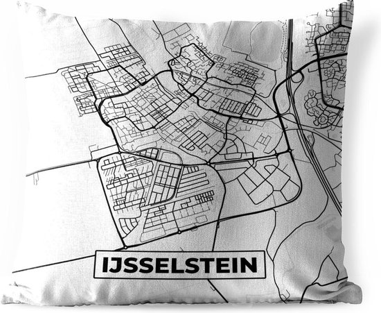 Sierkussen Buiten - Kaart - IJsselstein - Zwart - Wit - 60x60 cm - Weerbestendig