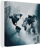 Canvas Wereldkaart - 90x90 - Wanddecoratie Wereldkaart - Blauw - Waterverf