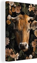 Toile Peinture Vache - Fleurs - Animaux - Corne - 20x30 cm - Décoration murale