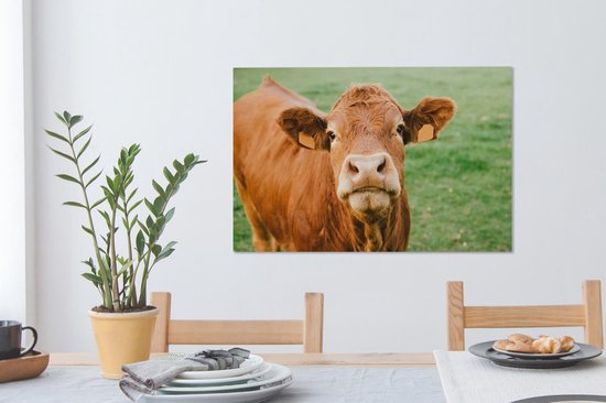 Tableau sur toile Vache - Marron - Herbe - 90x60 cm - Décoration murale