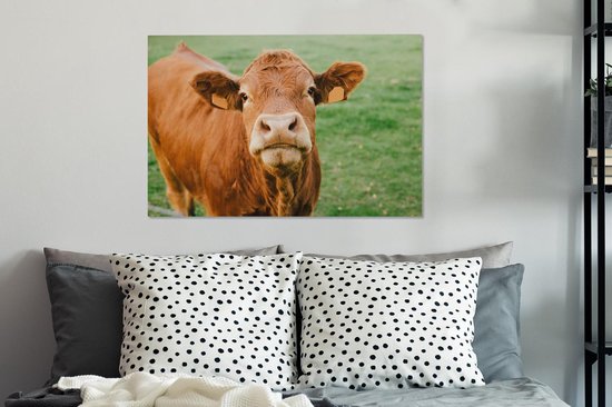 Tableau sur toile Vache - Marron - Herbe - 90x60 cm - Décoration murale