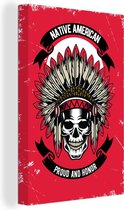Canvas Schilderij Doodskop - Indianentooi - Retro - Tekening - 60x90 cm - Wanddecoratie - Vaderdag cadeau - Geschenk - Cadeautje voor hem - Tip - Mannen