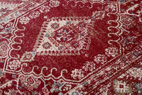 Tapiso Dubai Tapis Salon Chambre Crème Rouge Beige Clair Cadre Beige Fleurs  Classique