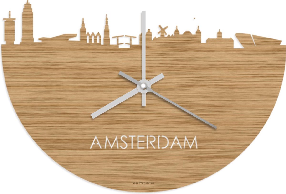 Skyline Klok Amsterdam Bamboe hout - Ø 40 cm - Stil uurwerk - Wanddecoratie - Meer steden beschikbaar - Woonkamer idee - Woondecoratie - City Art - Steden kunst - Cadeau voor hem - Cadeau voor haar - Jubileum - Trouwerij - Housewarming -