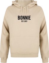 BONNIE & CLYDE couple hoodies beige (BONNIE - maat S) | Gepersonaliseerd met datum | Matching hoodies | Koppel hoodies