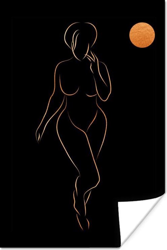 Affiche Femme - Lune - Black and gold - Line art - 80x120 cm