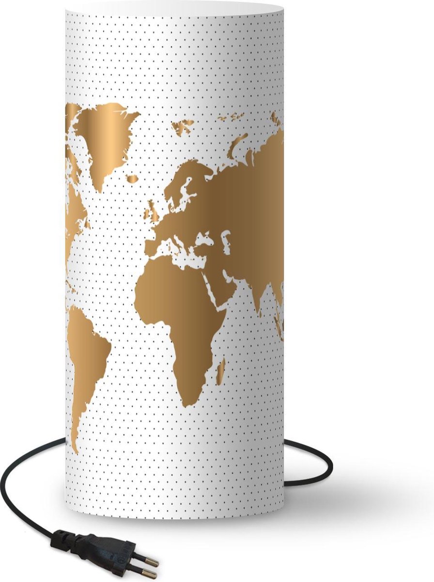 Lamp - Nachtlampje - Tafellamp slaapkamer - Wereldkaart - Stippen - Goud - 33 cm hoog - Ø14.3 cm - Inclusief LED lamp