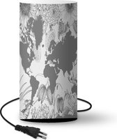 Lamp Zandkleurige kaart versierd met illustraties van bloemen - zwart wit - 33 cm hoog - Ø16 cm - Inclusief LED lamp