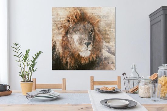Canvas Schilderij Leeuw - Krant - Kleuren - 90x90 cm - Wanddecoratie